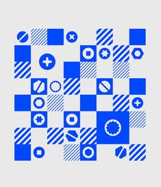 an abstract blue and white background with squares, arrows, circles and other objects on it