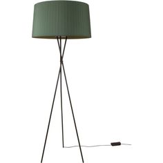 a floor lamp with a green shade on the base and a black cord attached to it