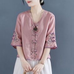 Find ideas๏ฟฝand inspiration for Women's Shirt Linen Chinese Style Round Neck Cardigan Blouse Embroidery retro , Womens Tops Chinese Blouse, Embroidery Shirts, Tea Gown, Short Black Skirt, Cotton Shirts Women, Embroidered Linen, Shirt Embroidery, Chinese Clothing, Shirts Women