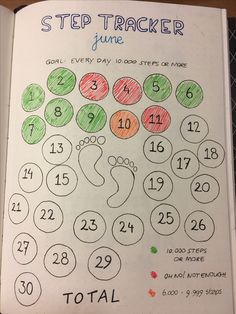 a notebook with numbers and times drawn on the page in front of it that says, step tracker june