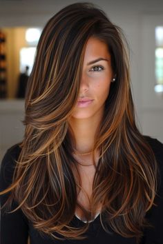 Brown With Carmel Hilights, Quarter Head Highlights, Long Bangstyle Hair 2020, Summer 2024 Hair, California Brunette Hair, California Brunette, Brunette Hair With Highlights, Brunette Balayage Hair