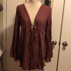 Nwt Burgundy Romper, Ties In Front And Embroidered Floral Pattern Casual Open Front Blouse For Fall, Casual Red Open Front Top, Burgundy V-neck Blouse For Summer, Casual Brown Open Front Top, Long Sleeve Burgundy Blouse For Summer, Burgundy Long Sleeve Blouse For Summer, Burgundy Long Sleeve Summer Blouse, Floral Pattern, Rompers