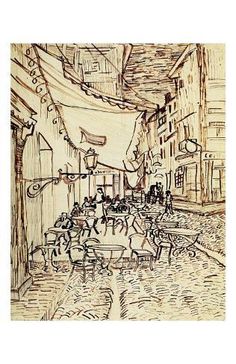 a drawing of people sitting at tables in an alleyway with flags hanging from the buildings