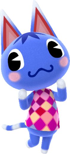 an animal crossing character with big eyes and a pink dress, standing in front of a white background