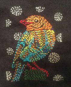 a colorful bird is sitting on a black t - shirt with white circles around it