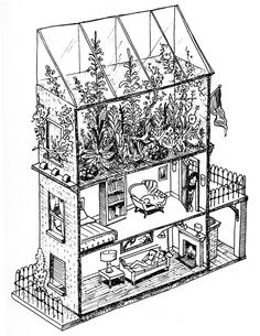 a drawing of a house with plants in it