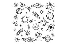 black and white space doodles with stars, planets and other things on it