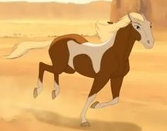 a cartoon horse running across a desert plain