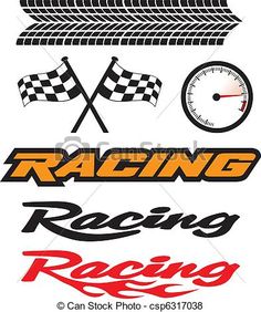 racing logos and emblems with tire tracks, checkered flag, speedometer and tires