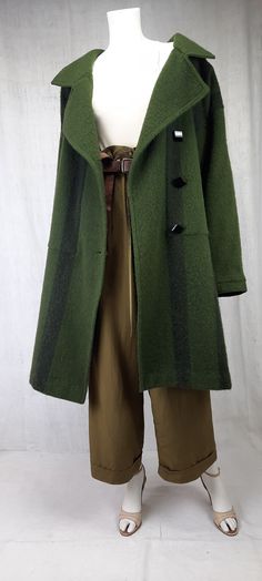 Jean Charles De Castelbajac Vintage Wool Coat - Etsy Green Long Pea Coat With Button Closure, Green Long Pea Coat For Fall, Classic Green Wool Coat, Classic Green Wool Coat For Fall, Green Wool Coat For Work, Winter Striped Wool Outerwear, Green Wool Winter Coat, Green Pea Coat With Buttons For Fall, Green Pea Coat For Fall