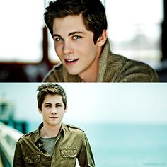 two pictures of the same person in different outfits, one with blue eyes and one with brown hair