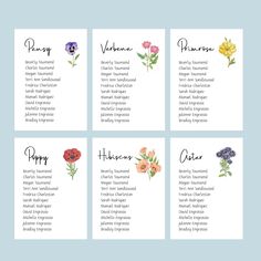 four flower cards with the names of different flowers in each one, including an orange and purple