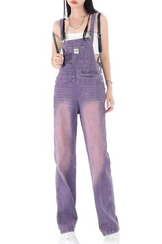 Purple Jean Overall Jumpsuit for Women Retro Soft Grunge Cotton Fitted Washed Jumpsuits And Rompers, Trendy Overalls For Fall, Trendy Solid Color Overalls For Spring, Fitted Denim Jumpsuit For Spring Streetwear, Trendy Washed Cotton Jumpsuits And Rompers, Fitted Jumpsuits And Rompers For Fall Streetwear, Fitted Summer Overalls For Streetwear, Fitted Streetwear Jumpsuits And Rompers Overall, Fitted Streetwear Jumpsuits And Rompers