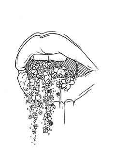 an ink drawing of a mouth with flowers coming out of it