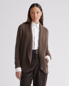 Another take on our classic cashmere cardigan. Featuring a shawl-collar and ribbed trim, this open cardigan is made from 100% Grade A Mongolian cashmere.  | Quince | Women's Mongolian Cashmere Open Cardigan Sweater in Brown, Size Large Classic Wardrobe Pieces, Cashmere Clothing, Outfit Essentials, 100 Grade, Silk Tee, Alpaca Cardigan, Clothing Jewelry, Clothing Sweaters, Classic Cardigan