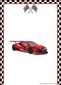 a red race car with two crossed flags on the side and checkered border around it