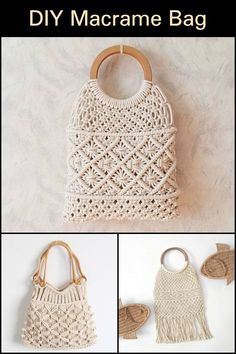 crocheted macrame bag with wooden handles and two pictures of the same handbag