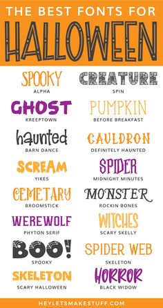 the best fonts for halloween are in different colors and sizes, including orange, purple,