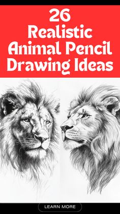 two lions with the words realistic animal pencil drawing ideas written on it, and an image of