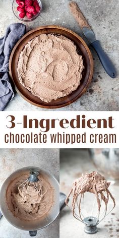 3 ingredient chocolate whipped cream in a bowl and on a table with ingredients to make it