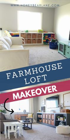 a living room filled with furniture and lots of storage under the window text overlay reads farmhouse loft makeover