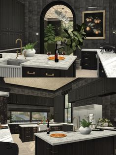 three different views of a kitchen with black cabinets and white counter tops, including an island