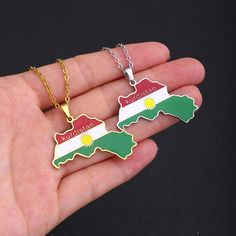 Elevate your heritage with our Kurdistan Flag Map Necklace. Show your pride, support your country & wear your pendant with passion. Buy now! Kurdistan Map, Kurdistan Flag, Stainless Steel Collar, Map Jewelry, Pride Support, Flag Outfit, Country Wear, Map Necklace, Country Maps