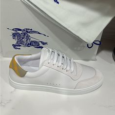 Brand New White/Yellow Calf Leather Suede Trim Size 43.5 Usa 10.5 Runs Small Luxury Yellow Low-top Sneakers, Designer Yellow Sneakers With Round Toe, Luxury Yellow Sneakers With Round Toe, Luxury Yellow Sneakers With Rubber Sole, Casual Custom Yellow Sneakers With Leather Sole, Yellow Sneakers With Leather Sole And Round Toe, Yellow Leather Custom Sneakers With Perforated Toe Box, Luxury Yellow Low-top Custom Sneakers, Luxury Low-top Yellow Custom Sneakers