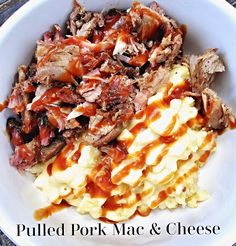 pulled pork mac and cheese in a white bowl