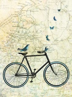 a bird sitting on the back of a bike with butterflies flying around it and a map in the background