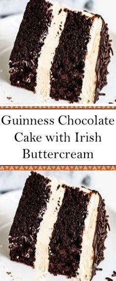 two slices of chocolate cake with irish buttercream frosting on top and bottom