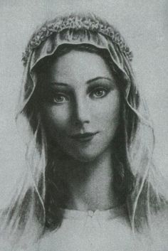 a black and white drawing of a woman with long hair wearing a veil on her head