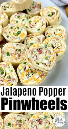 jalapeno popper pinwheels on a white plate with text overlay