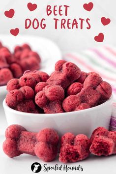 red dog treats in a white bowl with hearts on the side and text overlay