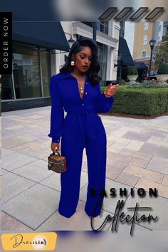 Solid Turn Down Collar Wide Leg Jumpsuit with Belt Casual Long Sleeve Jumpsuits And Rompers For Office, Casual Long Sleeve Pantsuit For Party, Fall Blue Jumpsuits And Rompers For Workwear, Jumpsuit With Belt, Jumpsuits And Romper, Turndown Collar, Color Pick, Jumpsuit Fashion, Wide Leg Jumpsuit