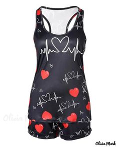 Olivia Mark - Valentine Heart Print Drawstring Pajama Set Casual Heart Print Sleepwear For Spring, Black Printed Sleepwear For Pajama Party, Casual Heart Print Sleepwear For Summer, Casual Heart Print Summer Sleepwear, Casual Sleepwear For Valentine's Pajama Party, Casual Valentine's Day Sleepwear For Pajama Party, Valentine's Day Casual Sleepwear For Pajama Party, Casual Sleepwear For Valentine's Day Loungewear, Valentine's Day Heart Print Sleepwear