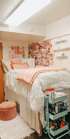 a small bedroom with a bed and shelves on the wall