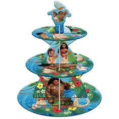 a three tiered tray with cartoon characters on it