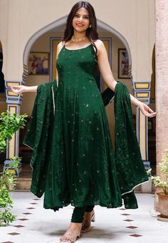 Faux Crepe Anarkali Kameez in Dark Green. This Readymade Sleeveless attire with Shantoon Lining is Enhanced with Resham and Sequins Work, Along with Gota Lace Work on Dupatta .Crafted in Round Neck. Available with a Shantoon Churidar in Dark Green and a Faux Crepe in Dark GreenThe Kameez and Bottom Lengths are 50 and 45 inches respectively. We sell all kinds of salwar kameez sets for women Georgette Salwar Kameez | Crepe Salwar Kameez | Art Silk Salwar Kameez | Velvet Salwar Kameez | Chiffon Sal Bottle Green Anarkali, Velvet Salwar Kameez, Work On Dupatta, Green Suit Women, Velvet Salwar, Plazo Kurti, Georgette Anarkali, Green Suit, Anarkali Suit