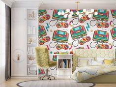 a room with a bed, chair and wallpaper that has boombox design on it