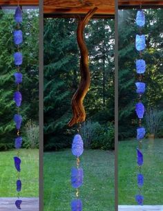 three different views of a wind chime hanging from a tree