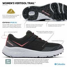 Take on any adventure with these Columbia Vertisol women's trail shoes. Click this FOOTWEAR GUIDE to find the perfect fit and more! Take on any adventure with these Columbia Vertisol women's trail shoes. Click this FOOTWEAR GUIDE to find the perfect fit and more! FEATURES Water-Resistant Omni-MAX underfoot system delivers superior comfort and traction Deflection domes in the forefoot and heel reduce load impact for better comfort and rebound Flex grooves in the forefoot provide flexibility and b Trail Shoes, Shoes Size 7, Kid Shoes, Columbia, Shoes Mens, Perfect Fit, Water Resistant, Size 7, Lace Up