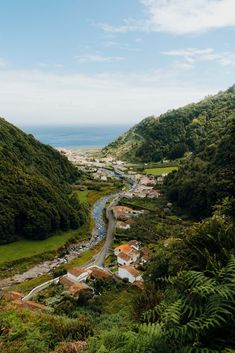 a river running through a lush green hillside next to the ocean and forest covered hills