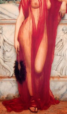 a painting of a woman in a red dress standing next to a wall with statues behind her