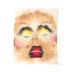 a painting of a woman's face with yellow eyes and red lipstick on it