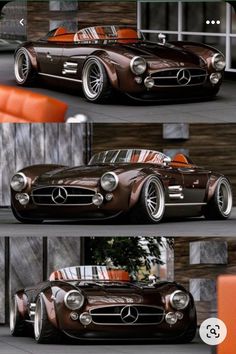 three different views of an old car with chrome rims and orange leather seats in front of