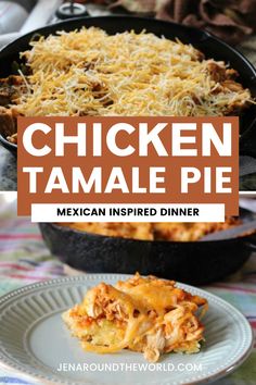 chicken tamale pie in a cast iron skillet on a colorful tablecloth with text overlay