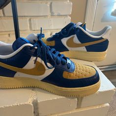 These Nike Air Force One 10.5 Shoes Have Only Been Worn Once . Purchased In Chicago At The Nike Store For $300. Brand New Condition . They Are Medium In Width And Comfortable. Blue Leather Sneakers With Gum Sole, Nike Air Force 1 Blue With Gum Sole, Casual Nike Air Force 1 Blue With Gum Sole, Nike Blue Basketball Shoes With Gum Sole, Casual Blue Nike Air Force 1 With Gum Sole, Casual Blue Nike Air Force 1 With Rubber Sole, Blue Leather Custom Sneakers With Gum Sole, Nike Air Force 1 Blue With Rubber Sole, Blue High-top Nike Air Force 1 With Gum Sole