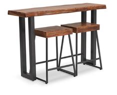 two wooden tables sitting next to each other on top of metal legs, with one end table