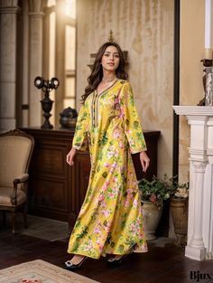 Bjux - Chic Floral Print Kaftan: Sophisticated Long Sleeve Maxi Dress for Womens Fashion V-neck Floral Print Dress For Eid, Elegant Floral Print Kaftan For Eid, Festive V-neck Maxi Dress With Floral Print, Floor-length Floral Print Kaftan For Spring, Elegant Floral Print Kaftan For Festive Occasions, Elegant Floral Print Maxi Dress For Eid, Spring Floral Print Floor-length Kaftan, Floral Print Dress For Eid Vacation, Floral Print Vacation Dress For Eid